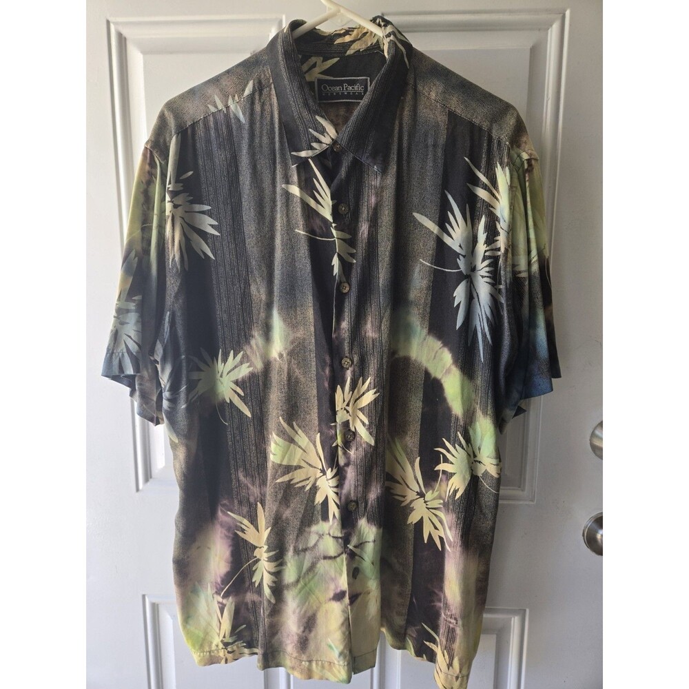 Ocean Pacific Hawaiian Shirt Men's XLarge Black Floral